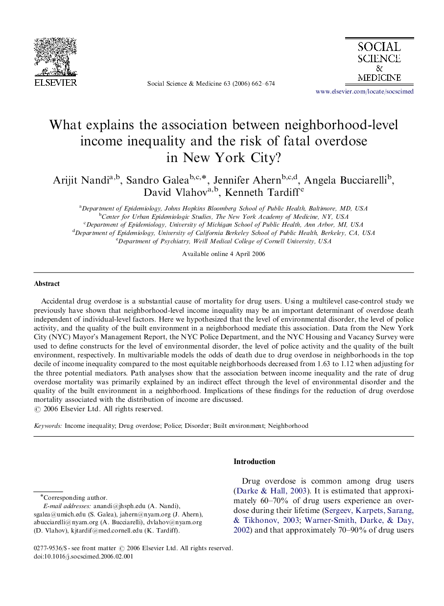 What explains the association between neighborhood-level income inequality and the risk of fatal overdose in New York City?