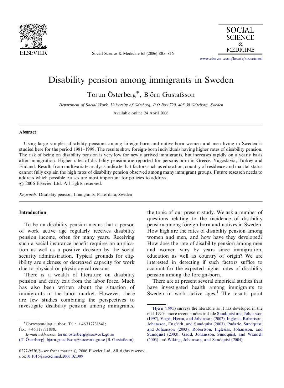 Disability pension among immigrants in Sweden