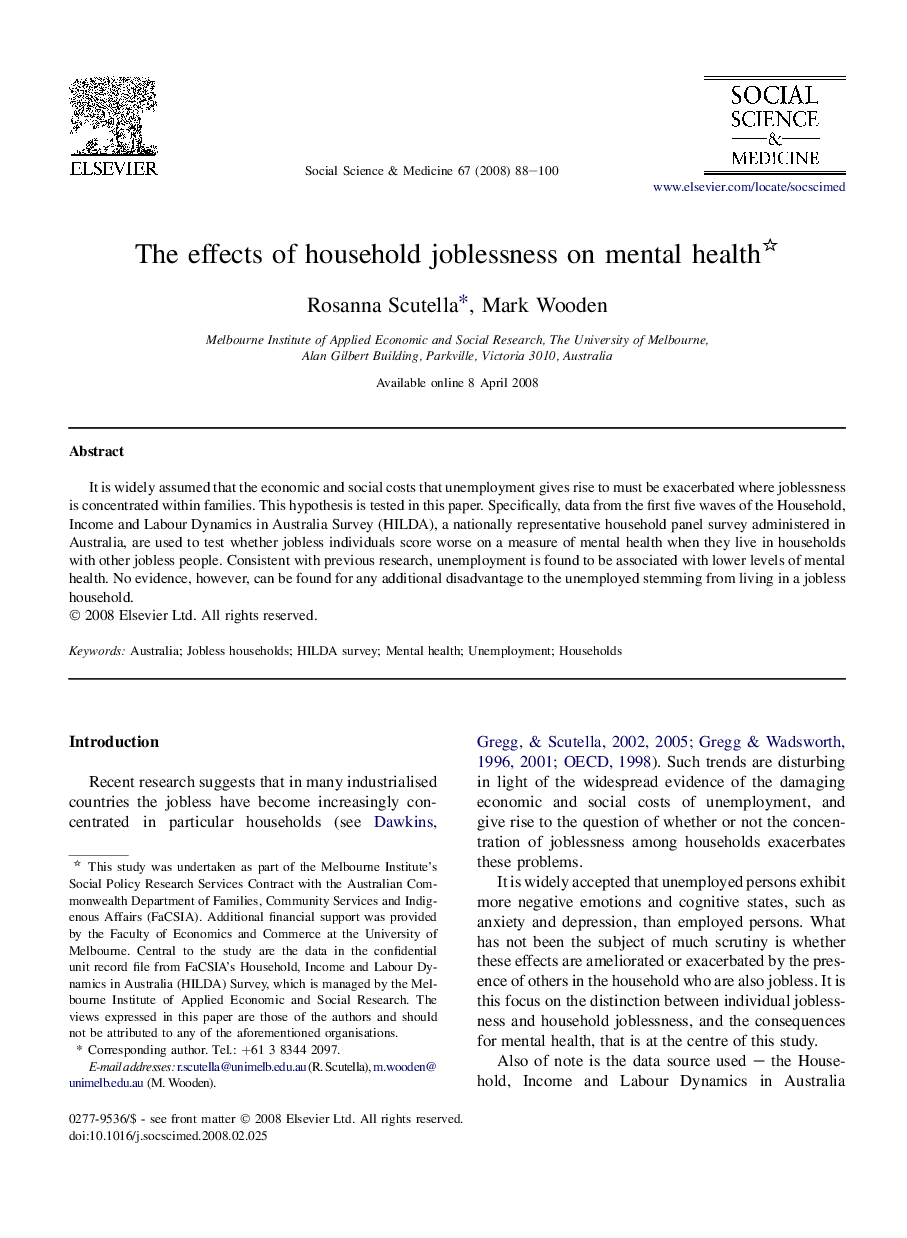 The effects of household joblessness on mental health 