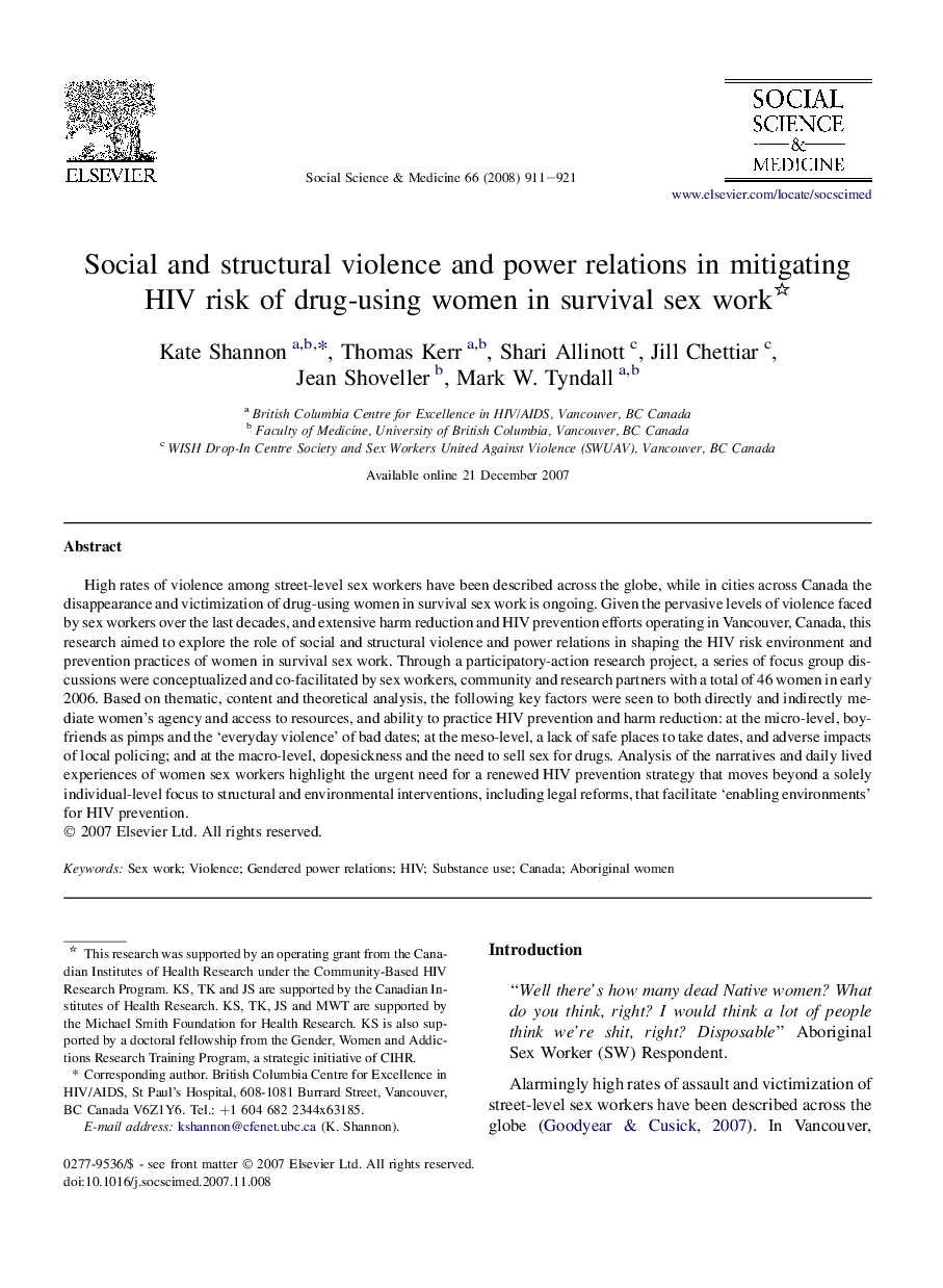 Social and structural violence and power relations in mitigating HIV risk of drug-using women in survival sex work 