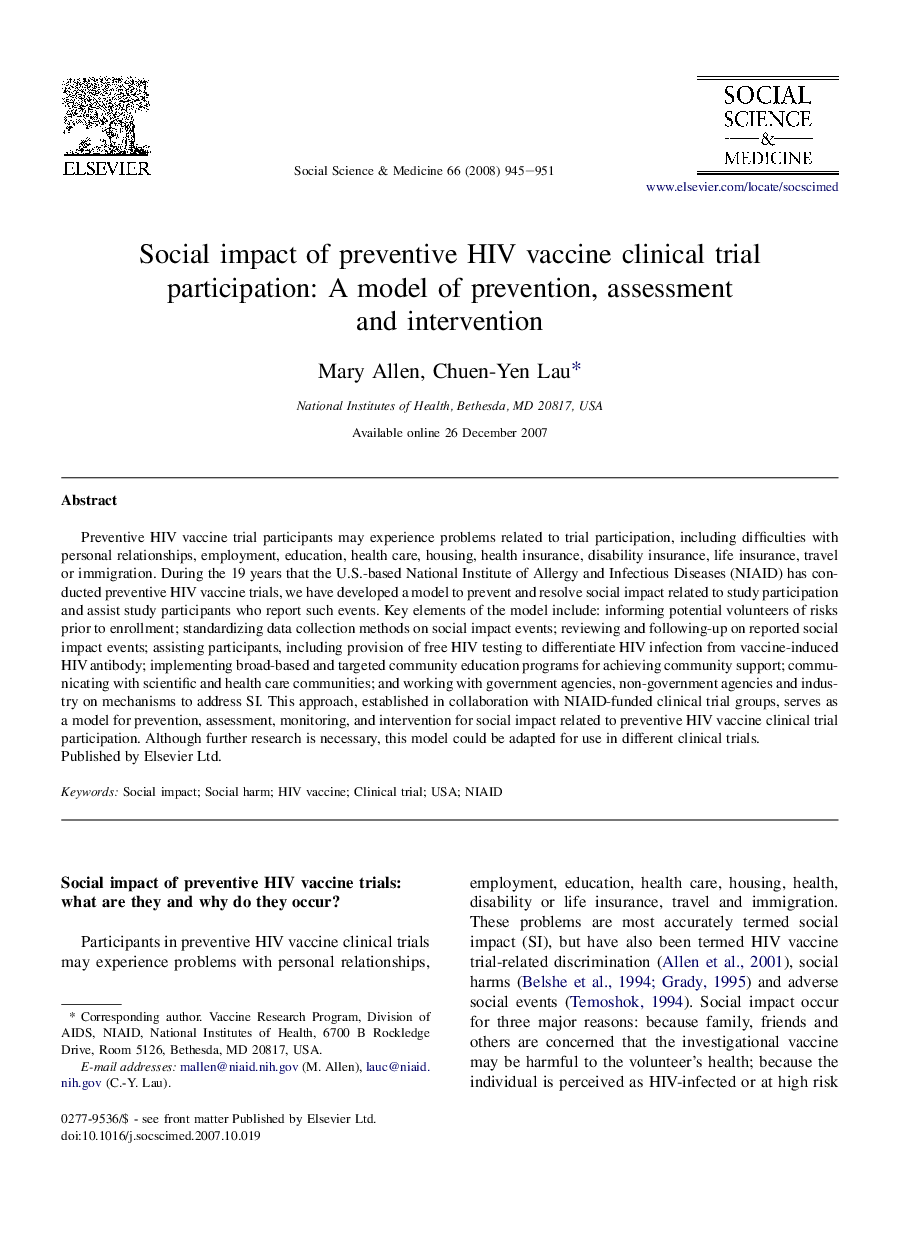 Social impact of preventive HIV vaccine clinical trial participation: A model of prevention, assessment and intervention