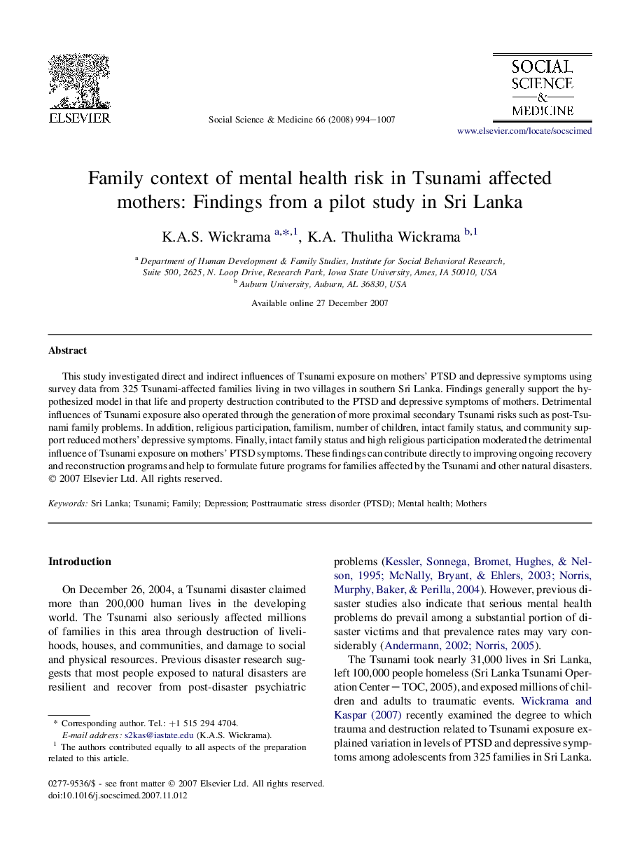 Family context of mental health risk in Tsunami affected mothers: Findings from a pilot study in Sri Lanka