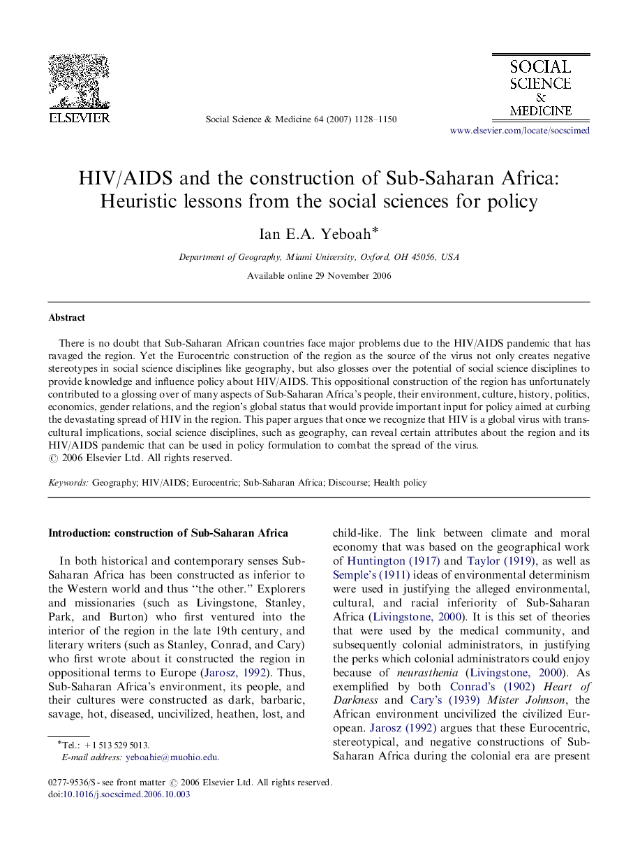 HIV/AIDS and the construction of Sub-Saharan Africa: Heuristic lessons from the social sciences for policy