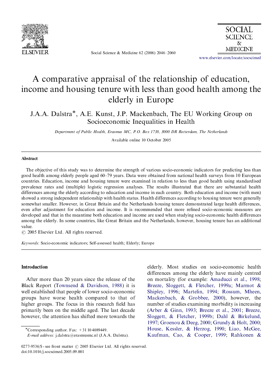 A comparative appraisal of the relationship of education, income and housing tenure with less than good health among the elderly in Europe