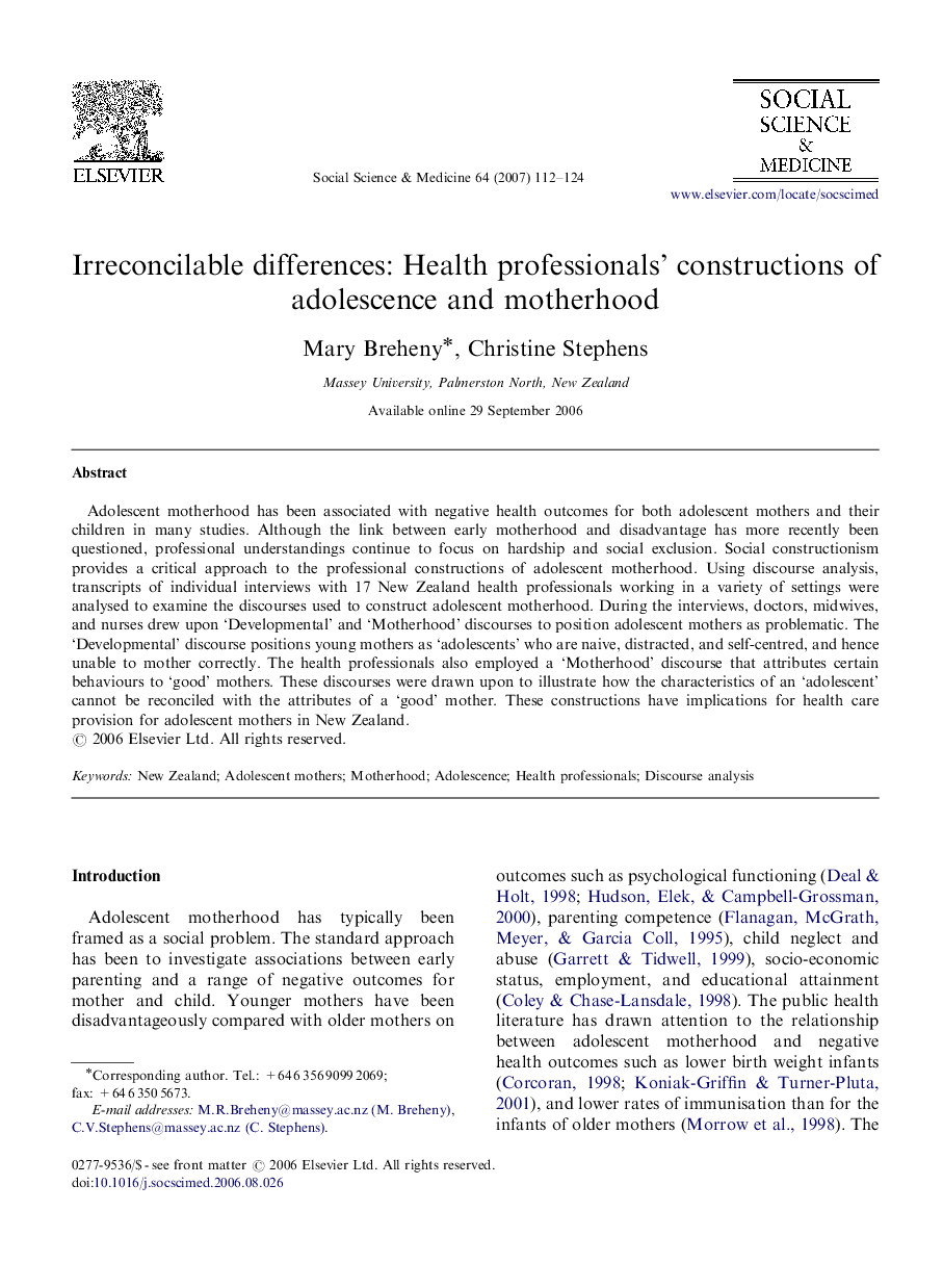 Irreconcilable differences: Health professionals’ constructions of adolescence and motherhood