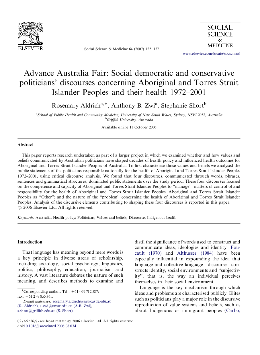 Advance Australia Fair: Social democratic and conservative politicians’ discourses concerning Aboriginal and Torres Strait Islander Peoples and their health 1972–2001