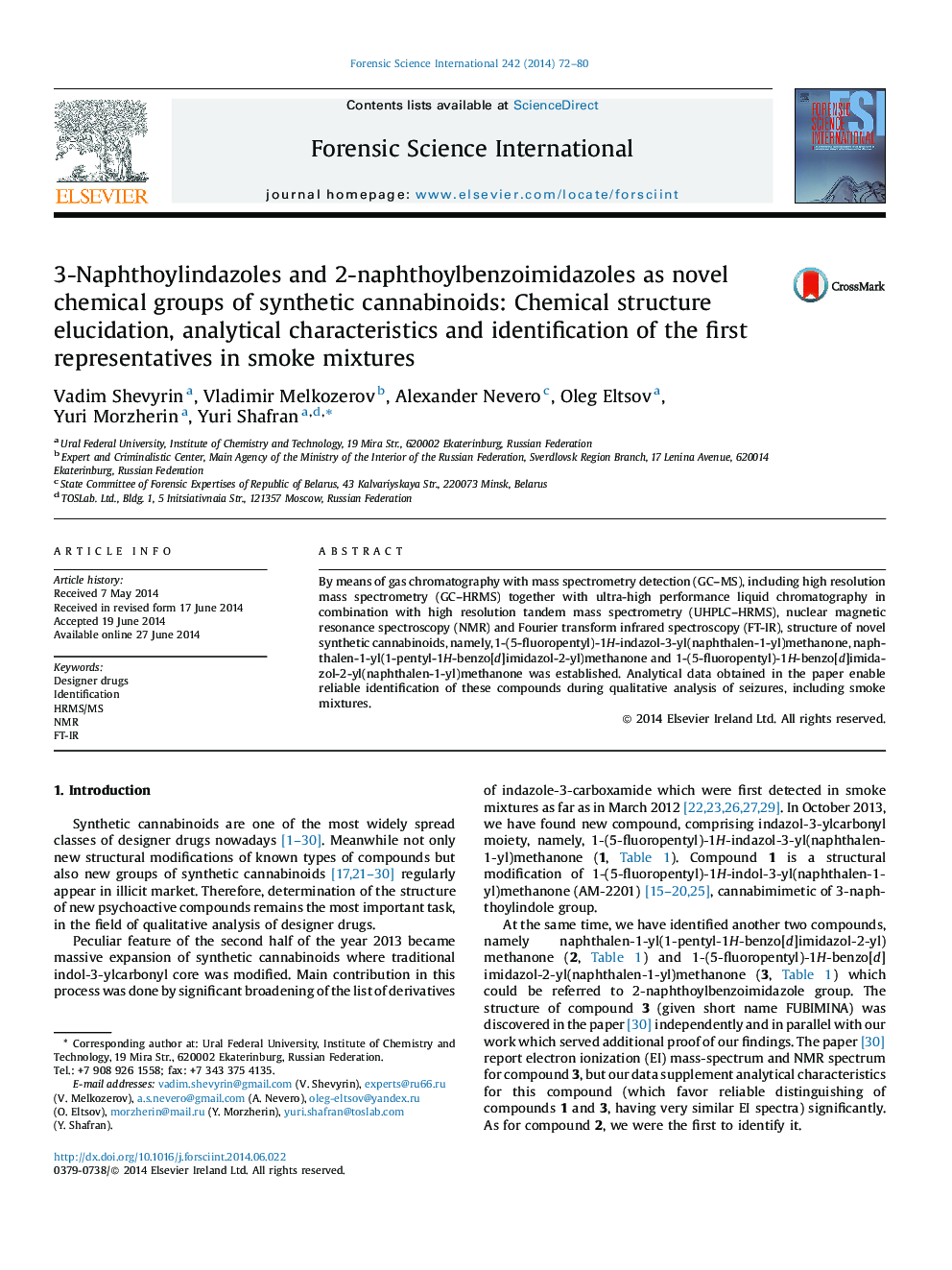 3-Naphthoylindazoles and 2-naphthoylbenzoimidazoles as novel chemical groups of synthetic cannabinoids: Chemical structure elucidation, analytical characteristics and identification of the first representatives in smoke mixtures