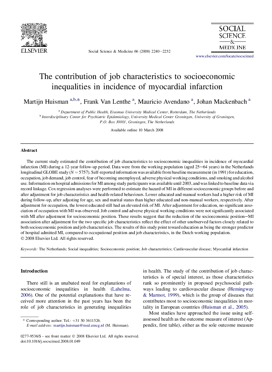 The contribution of job characteristics to socioeconomic inequalities in incidence of myocardial infarction