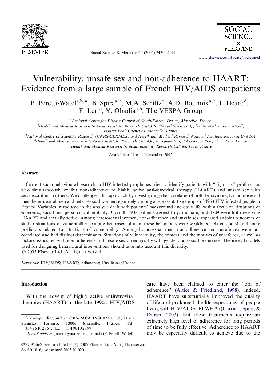 Vulnerability, unsafe sex and non-adherence to HAART: Evidence from a large sample of French HIV/AIDS outpatients