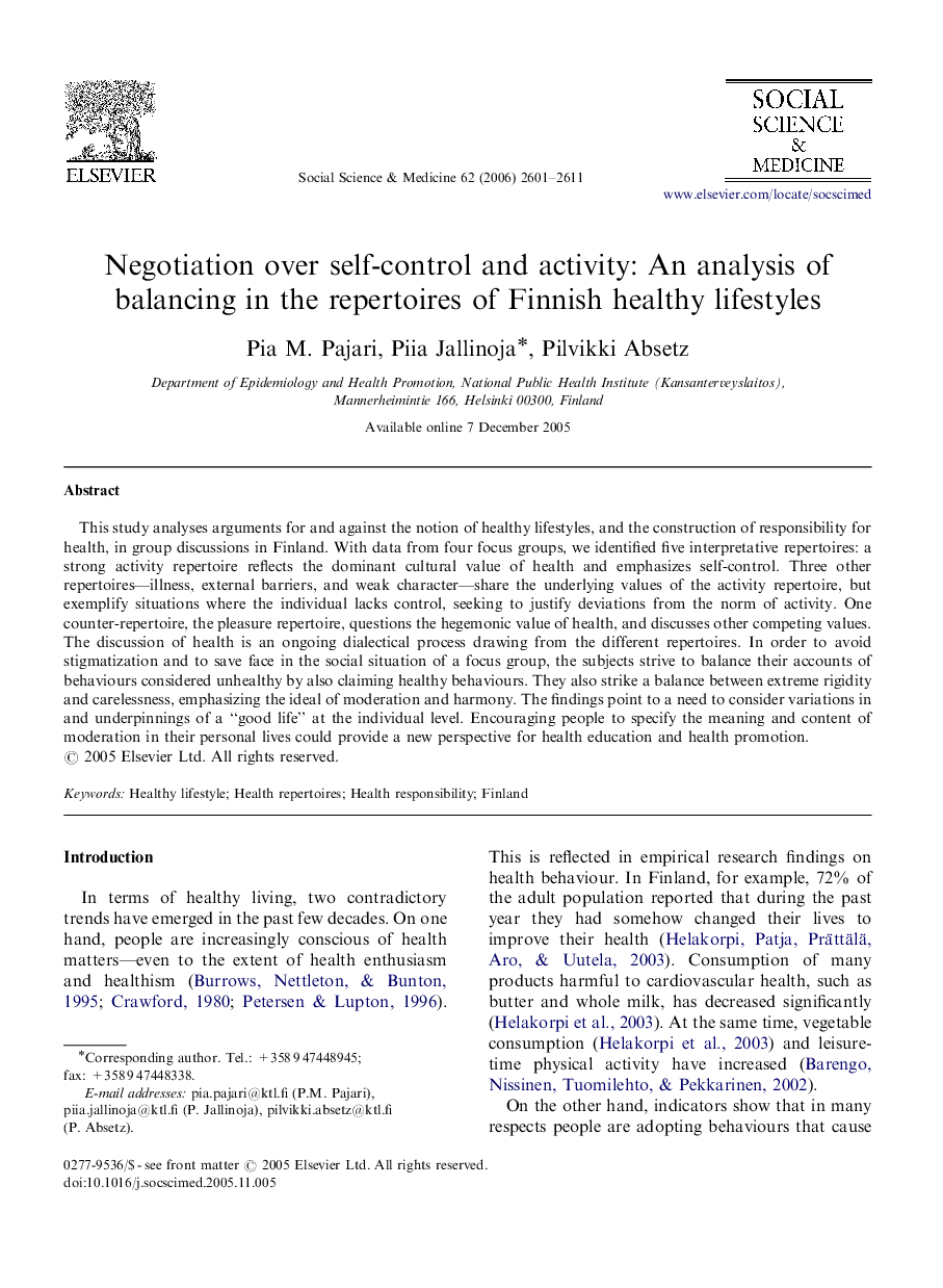 Negotiation over self-control and activity: An analysis of balancing in the repertoires of Finnish healthy lifestyles