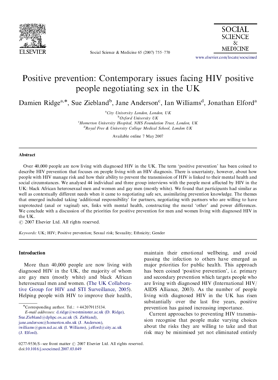 Positive prevention: Contemporary issues facing HIV positive people negotiating sex in the UK