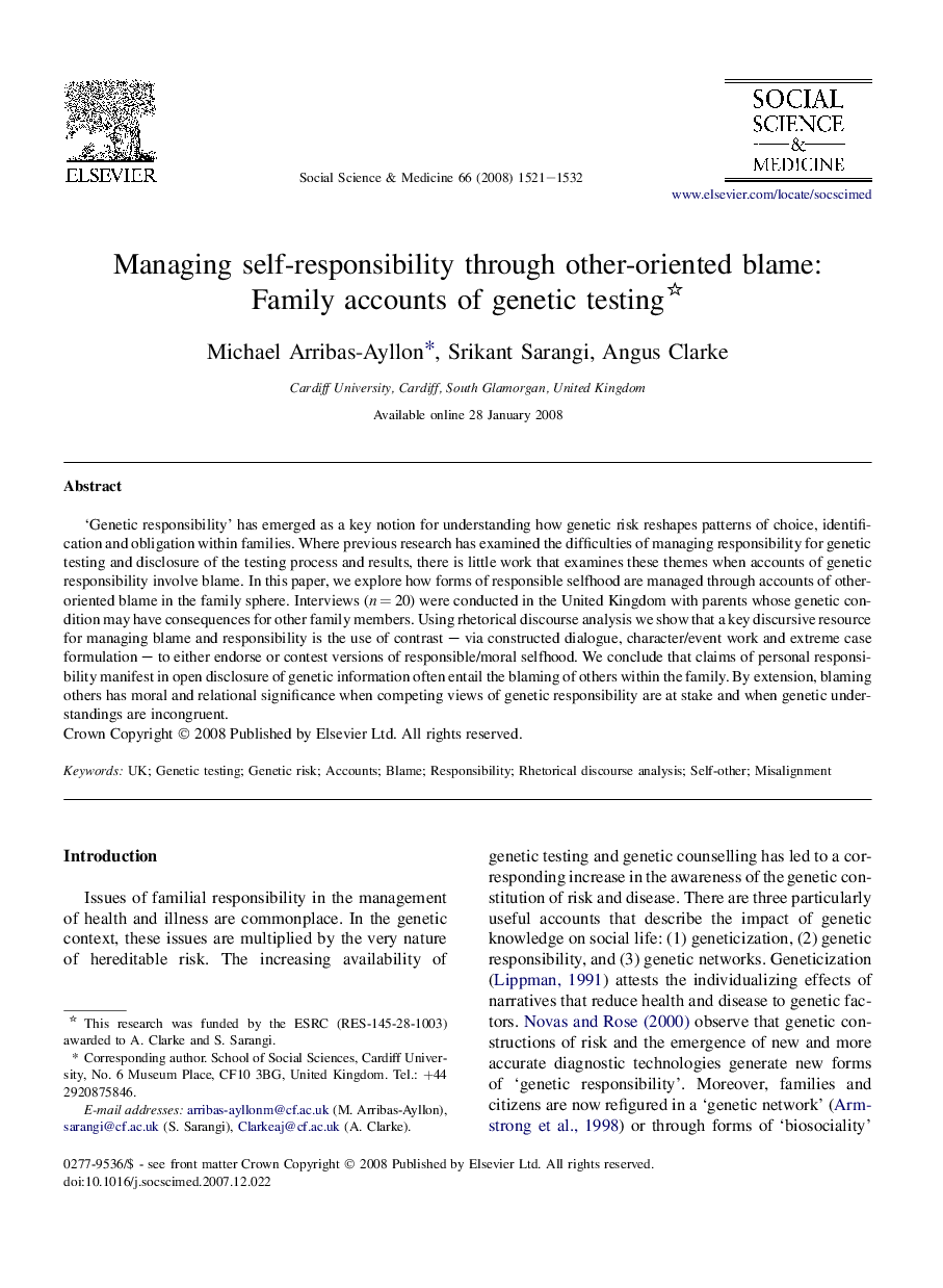 Managing self-responsibility through other-oriented blame: Family accounts of genetic testing 