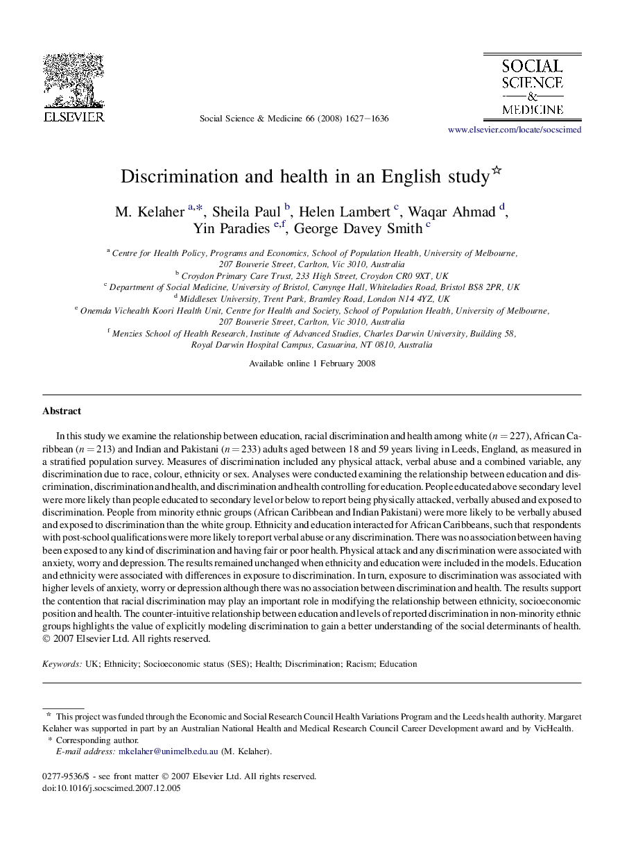 Discrimination and health in an English study 
