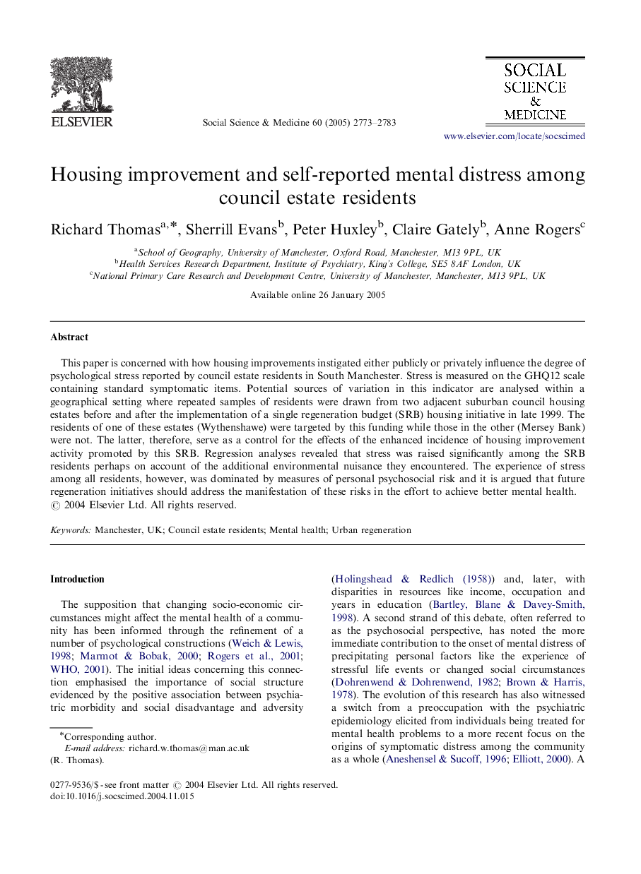 Housing improvement and self-reported mental distress among council estate residents