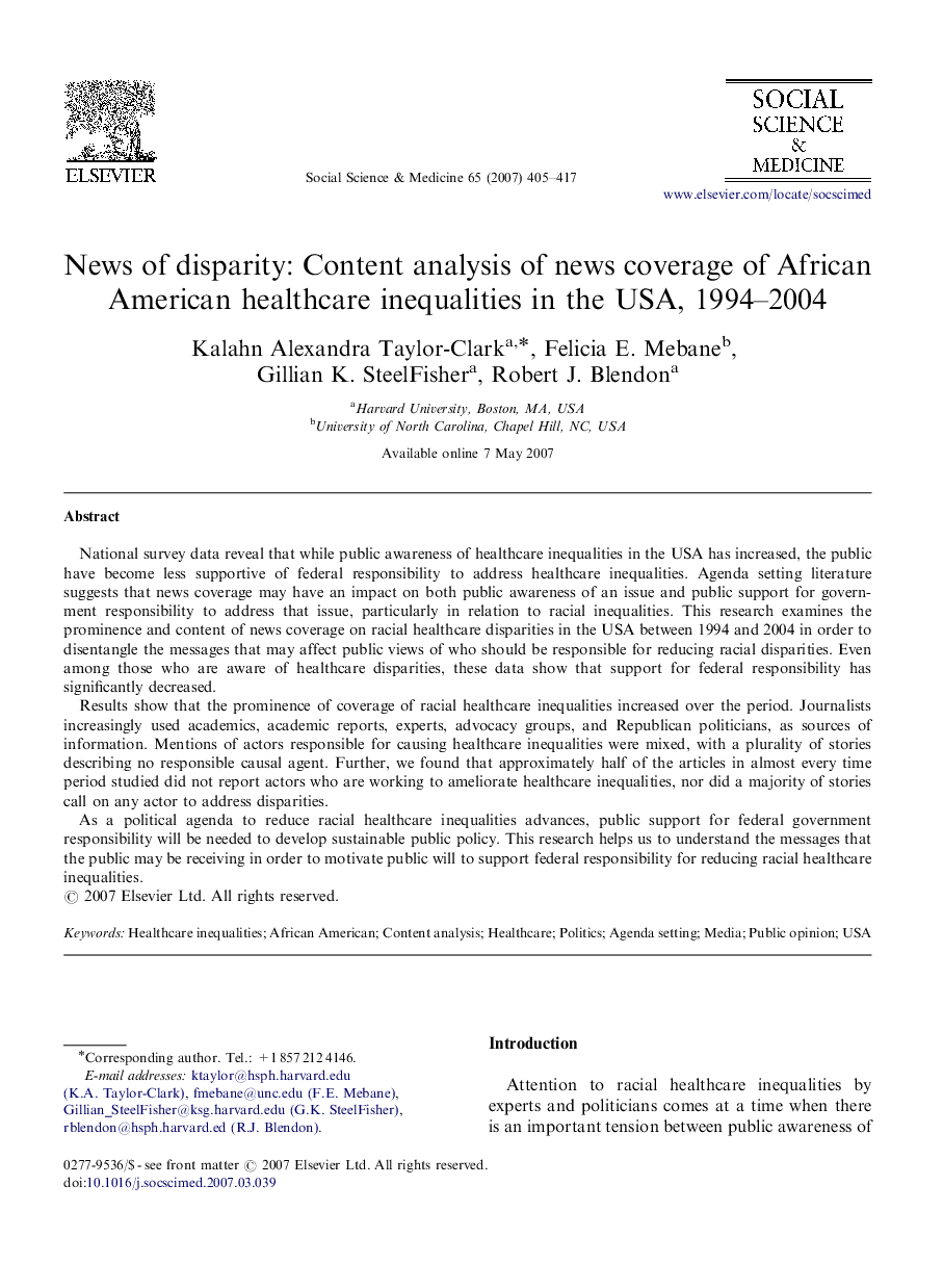 News of disparity: Content analysis of news coverage of African American healthcare inequalities in the USA, 1994–2004