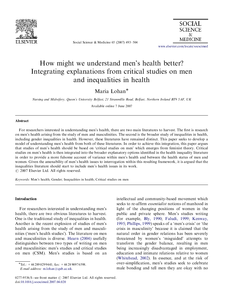 How might we understand men's health better? Integrating explanations from critical studies on men and inequalities in health