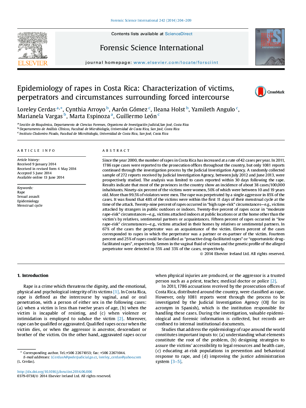 Epidemiology of rapes in Costa Rica: Characterization of victims, perpetrators and circumstances surrounding forced intercourse