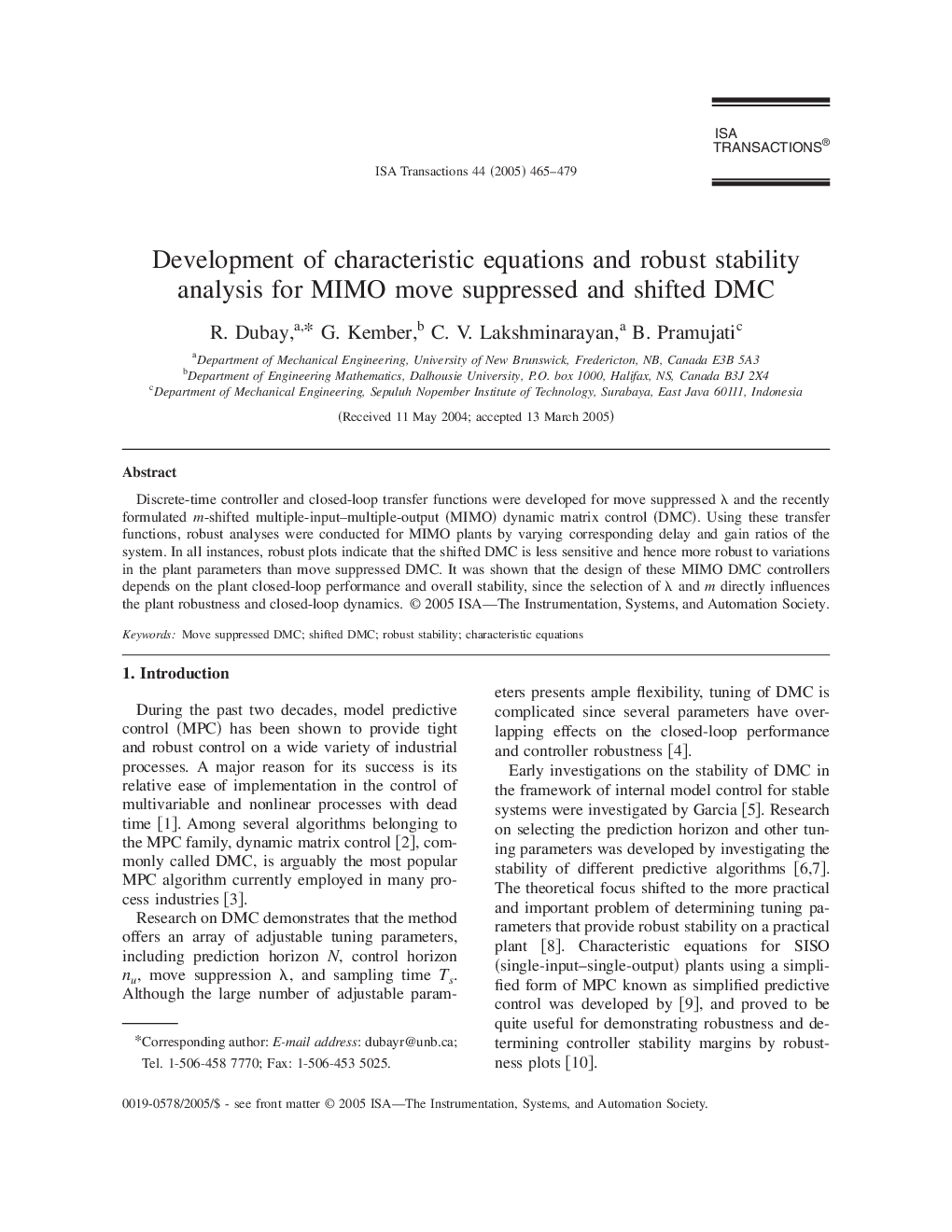 Development of characteristic equations and robust stability analysis for MIMO move suppressed and shifted DMC