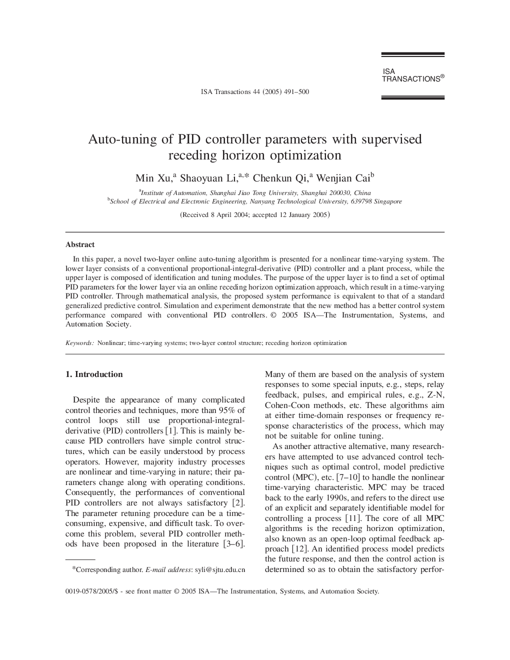 Auto-tuning of PID controller parameters with supervised receding horizon optimization