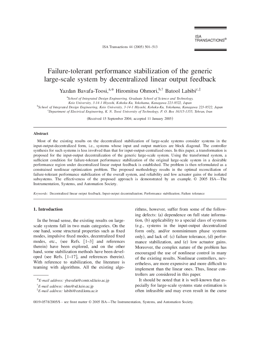 Failure-tolerant performance stabilization of the generic large-scale system by decentralized linear output feedback