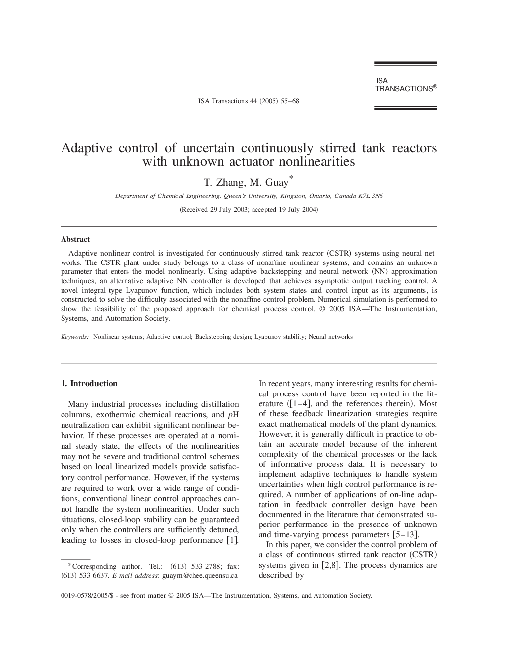 Adaptive control of uncertain continuously stirred tank reactors with unknown actuator nonlinearities