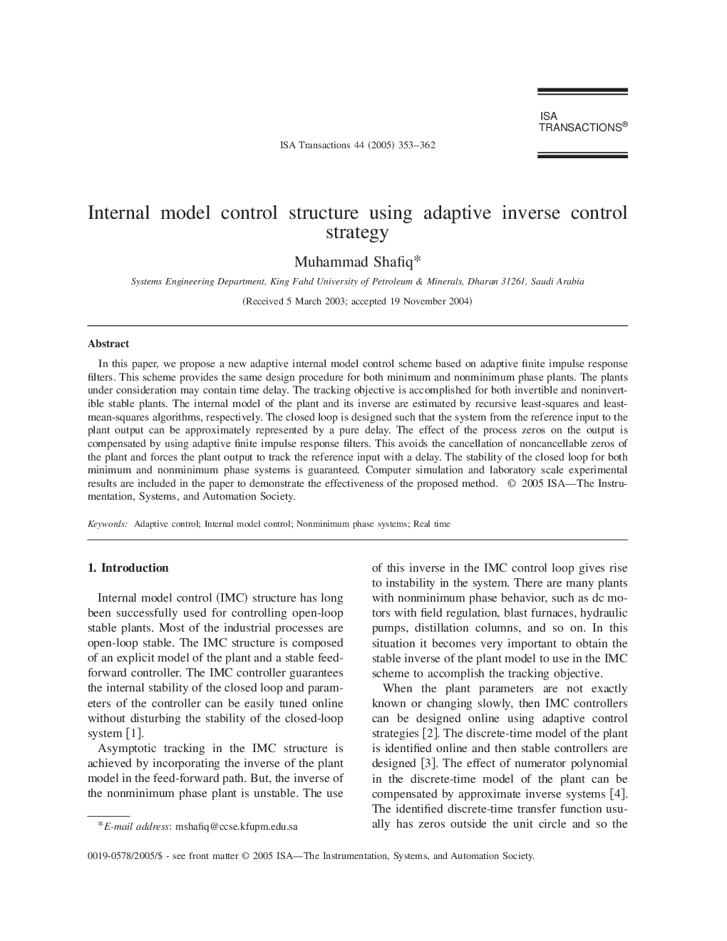 Internal model control structure using adaptive inverse control strategy