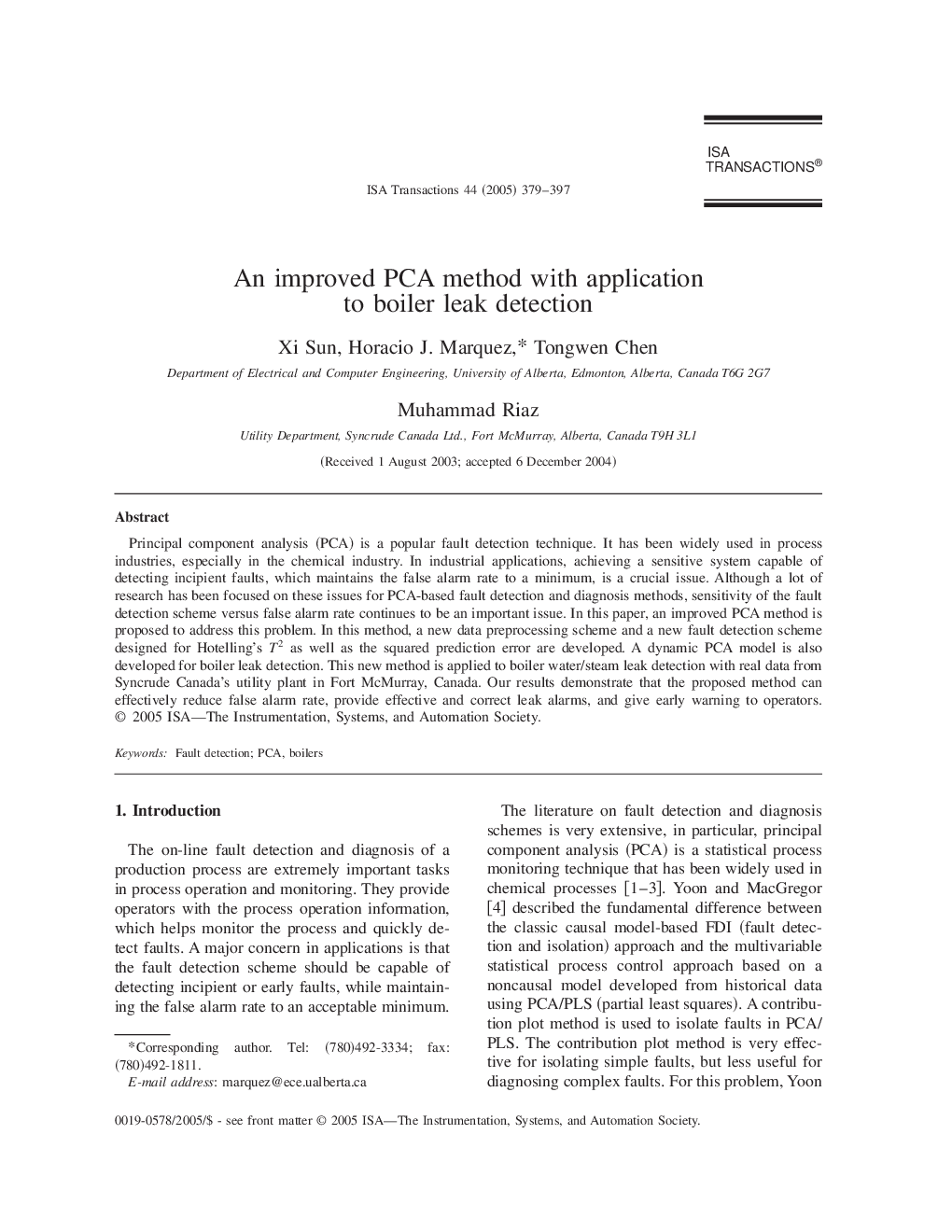 An improved PCA method with application to boiler leak detection