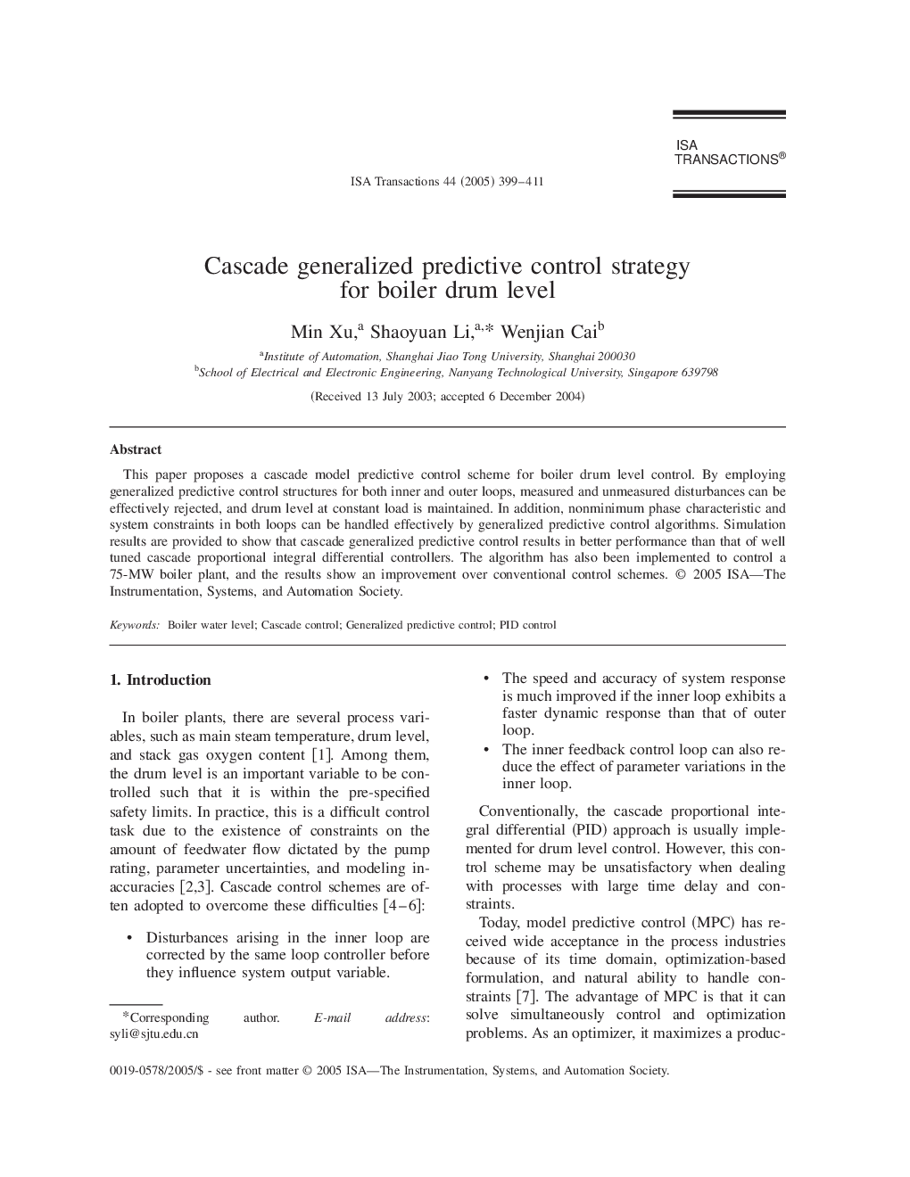 Cascade generalized predictive control strategy for boiler drum level