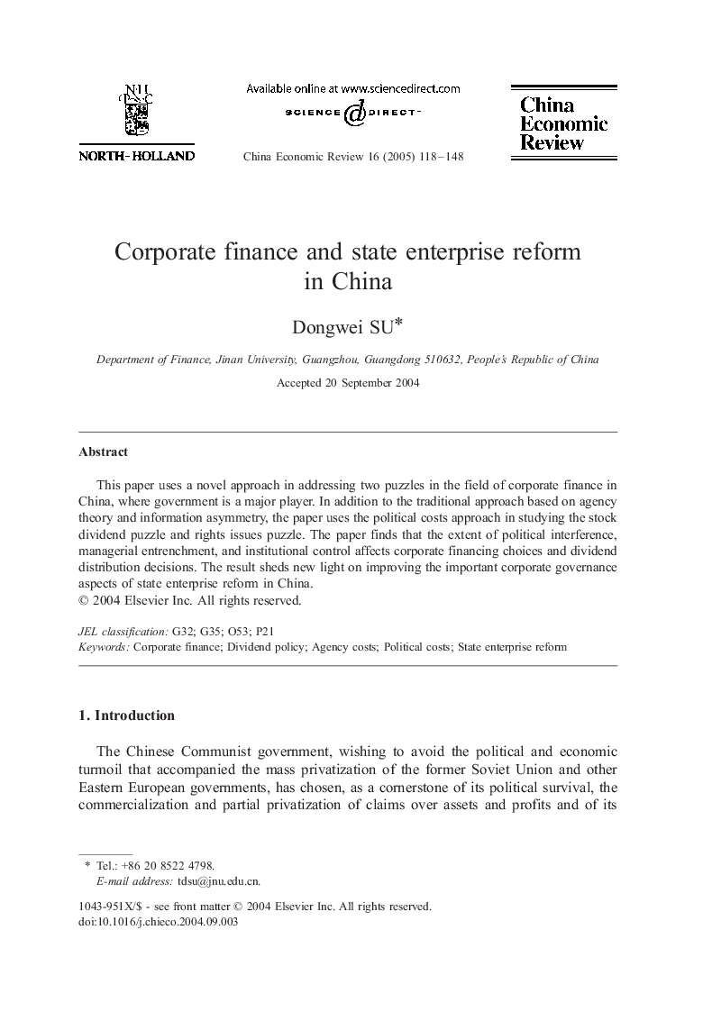 Corporate finance and state enterprise reform in China