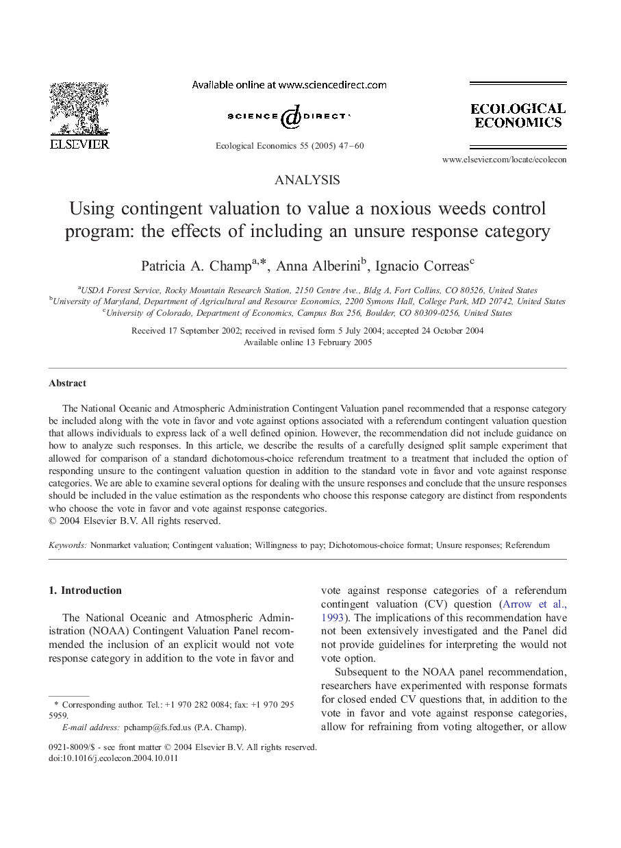 Using contingent valuation to value a noxious weeds control program: the effects of including an unsure response category