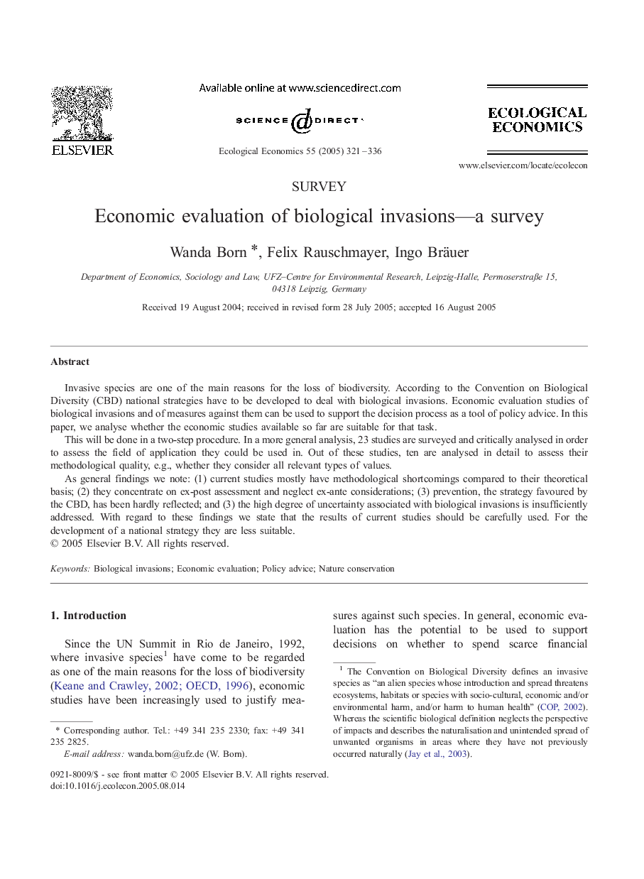 Economic evaluation of biological invasions-a survey