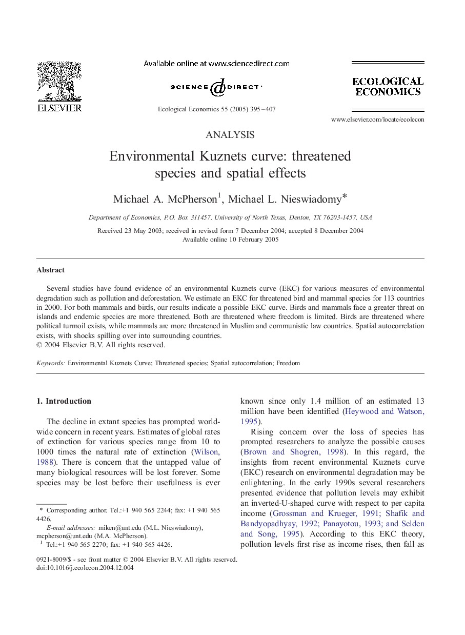 Environmental Kuznets curve: threatened species and spatial effects