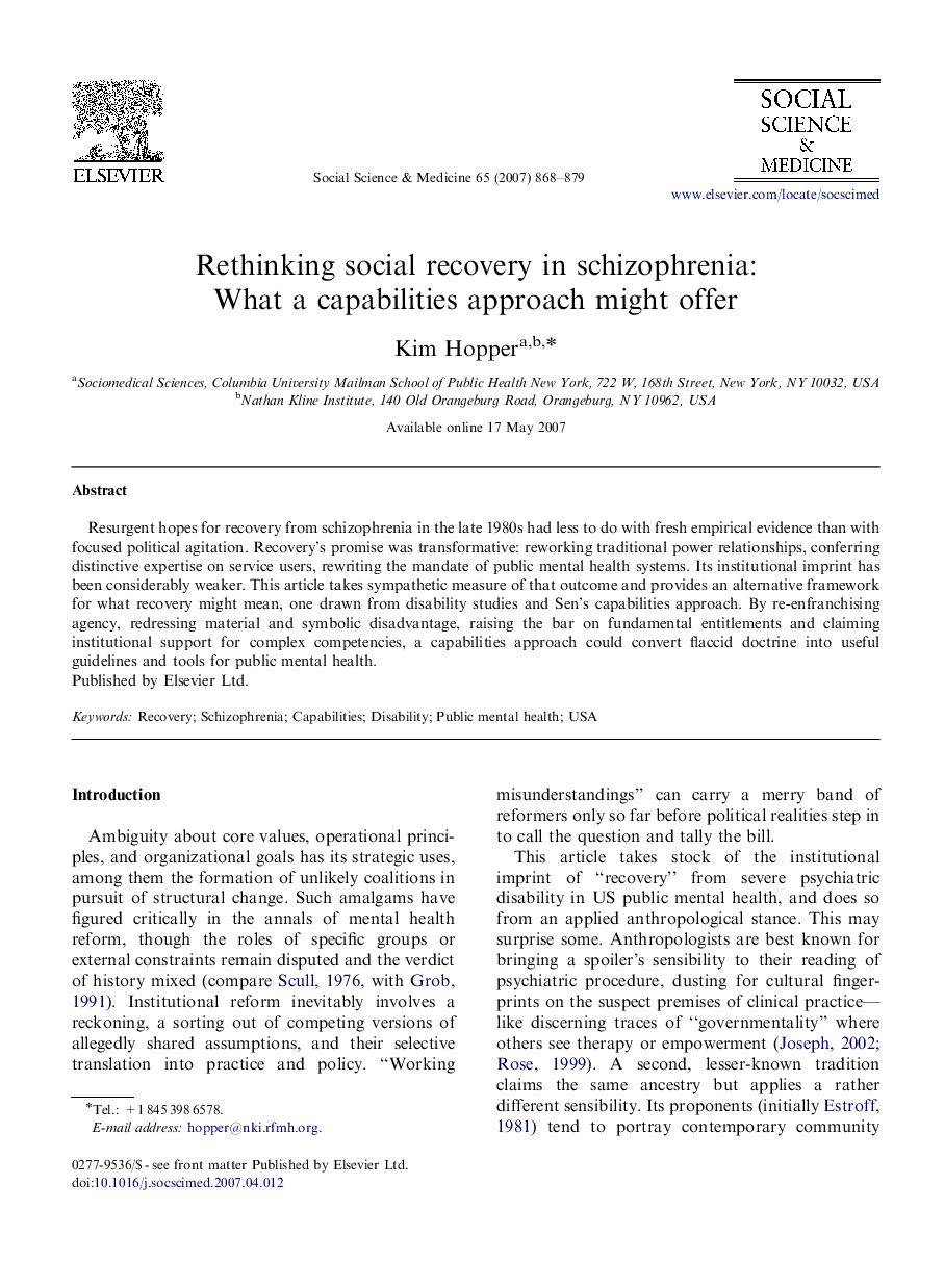 Rethinking social recovery in schizophrenia: What a capabilities approach might offer