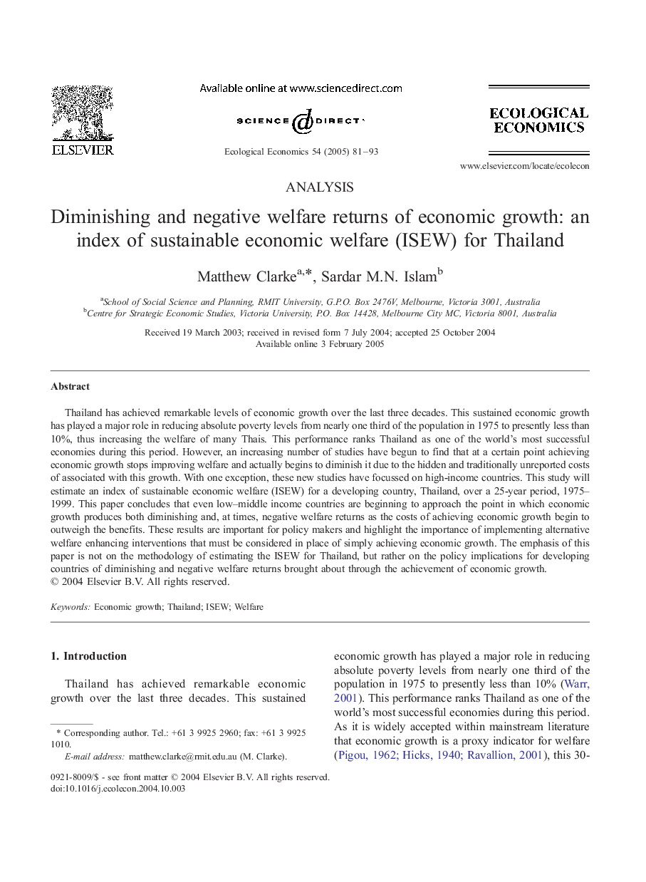Diminishing and negative welfare returns of economic growth: an index of sustainable economic welfare (ISEW) for Thailand