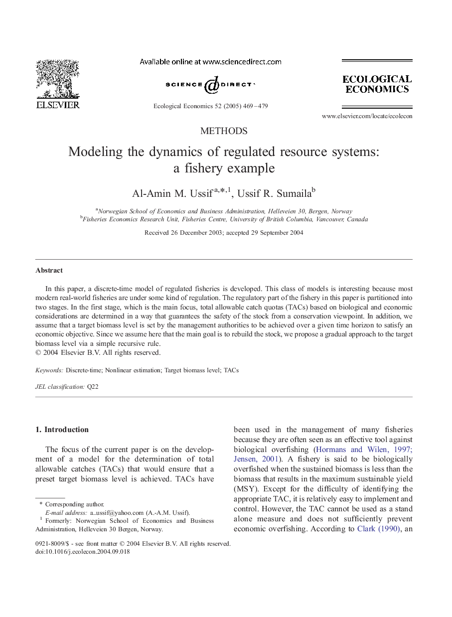 Modeling the dynamics of regulated resource systems: a fishery example
