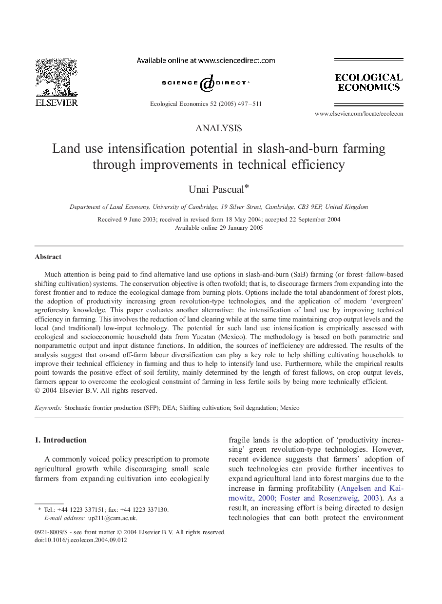 Land use intensification potential in slash-and-burn farming through improvements in technical efficiency