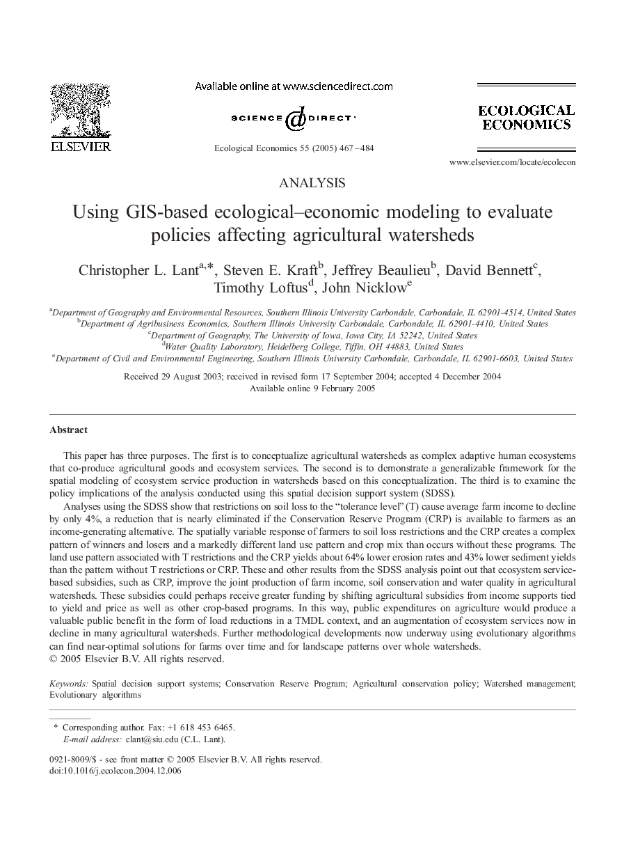 Using GIS-based ecological-economic modeling to evaluate policies affecting agricultural watersheds