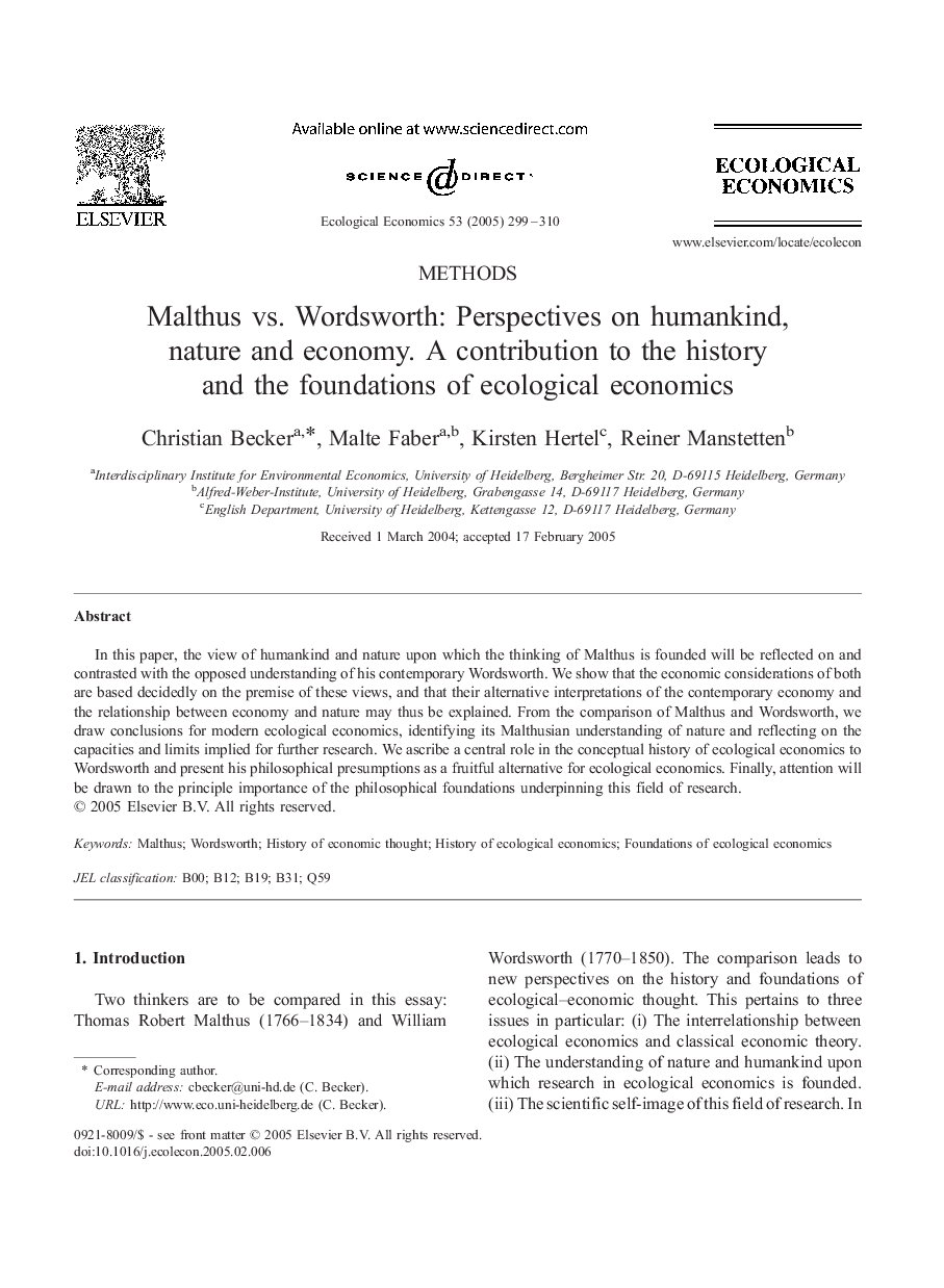 Malthus vs. Wordsworth: Perspectives on humankind, nature and economy. A contribution to the history and the foundations of ecological economics