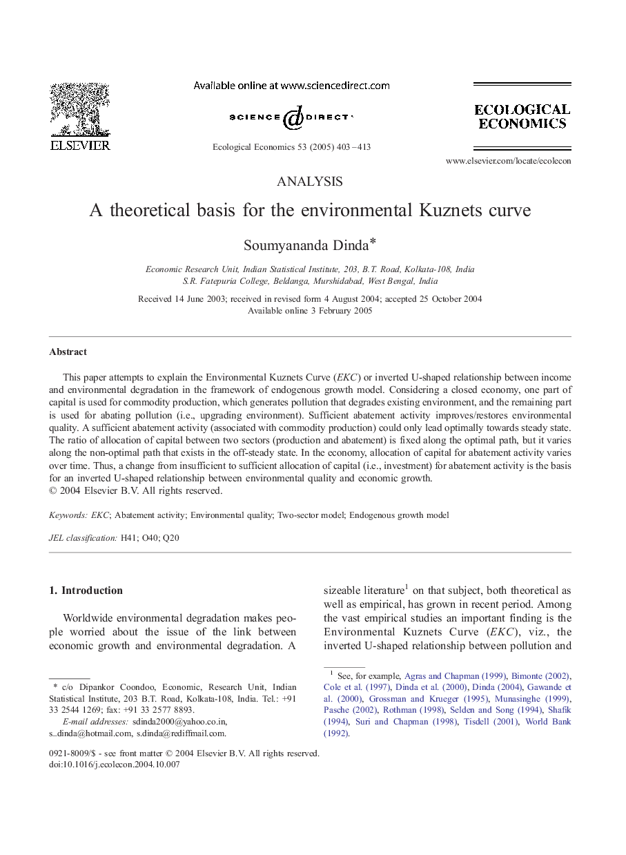 A theoretical basis for the environmental Kuznets curve