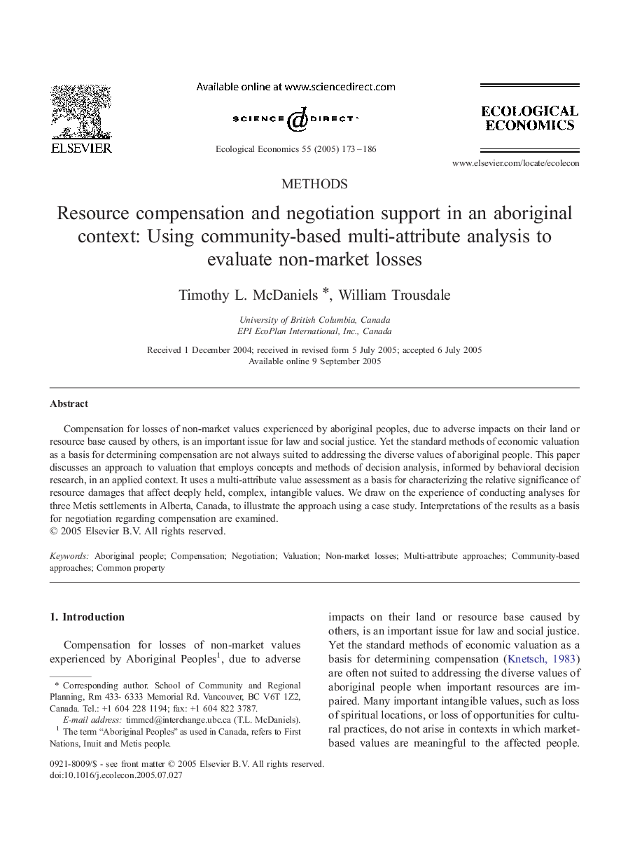 Resource compensation and negotiation support in an aboriginal context: Using community-based multi-attribute analysis to evaluate non-market losses