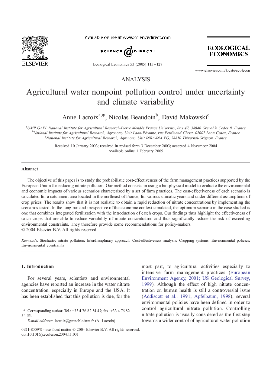 Agricultural water nonpoint pollution control under uncertainty and climate variability