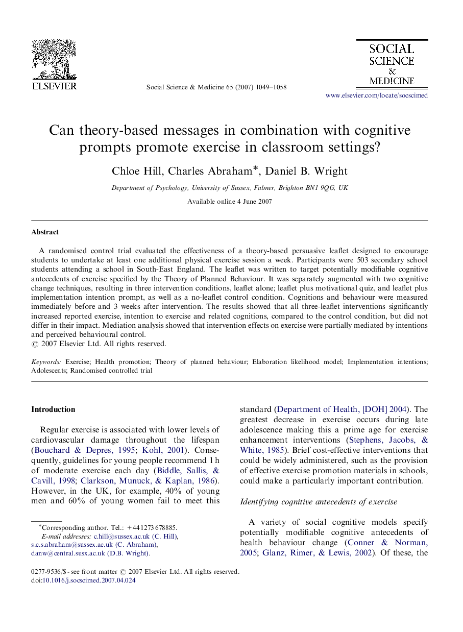 Can theory-based messages in combination with cognitive prompts promote exercise in classroom settings?