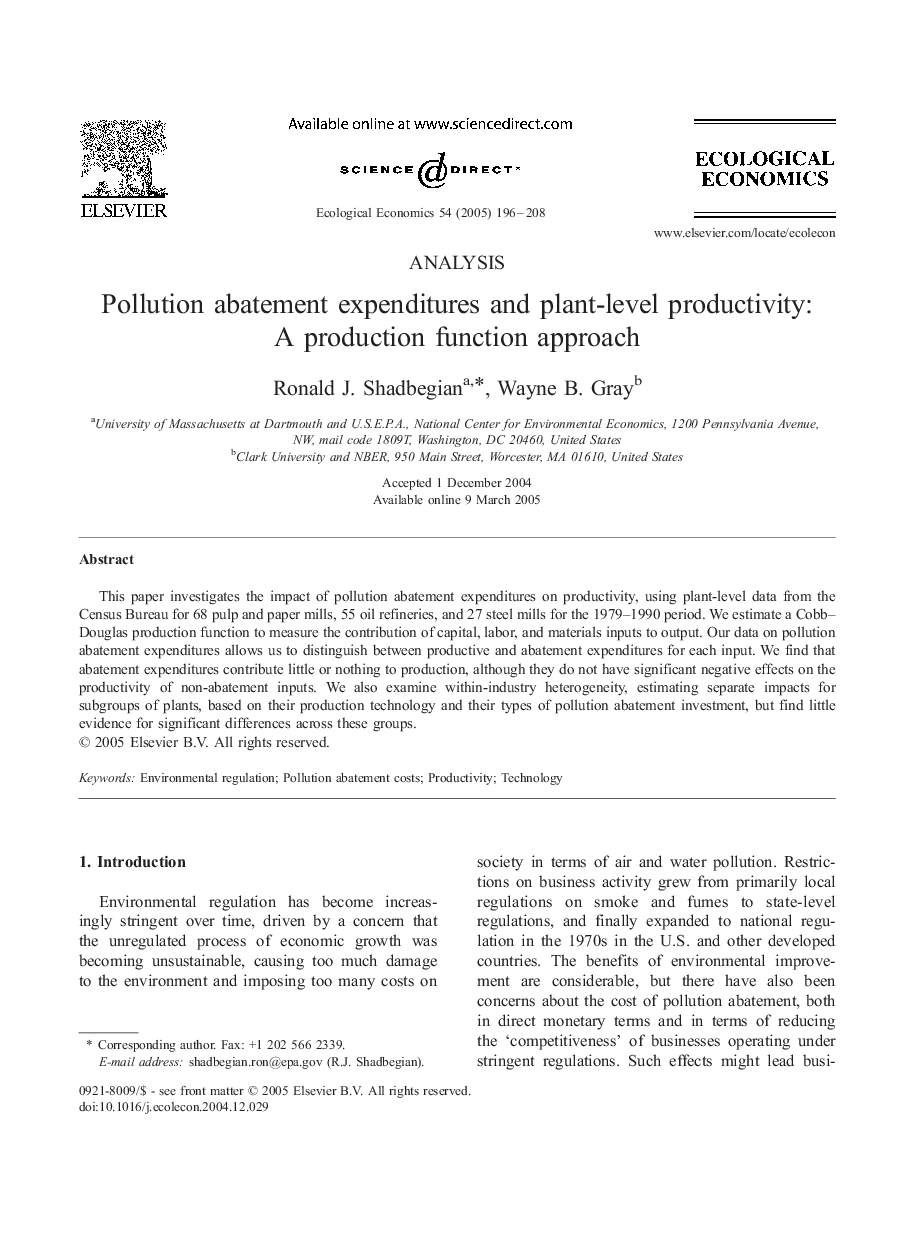 Pollution abatement expenditures and plant-level productivity: A production function approach