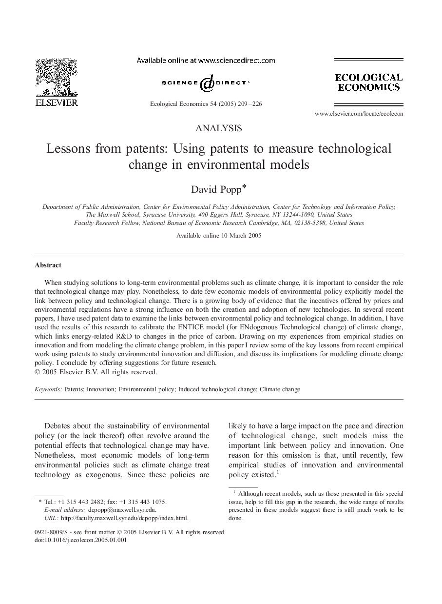 Lessons from patents: Using patents to measure technological change in environmental models