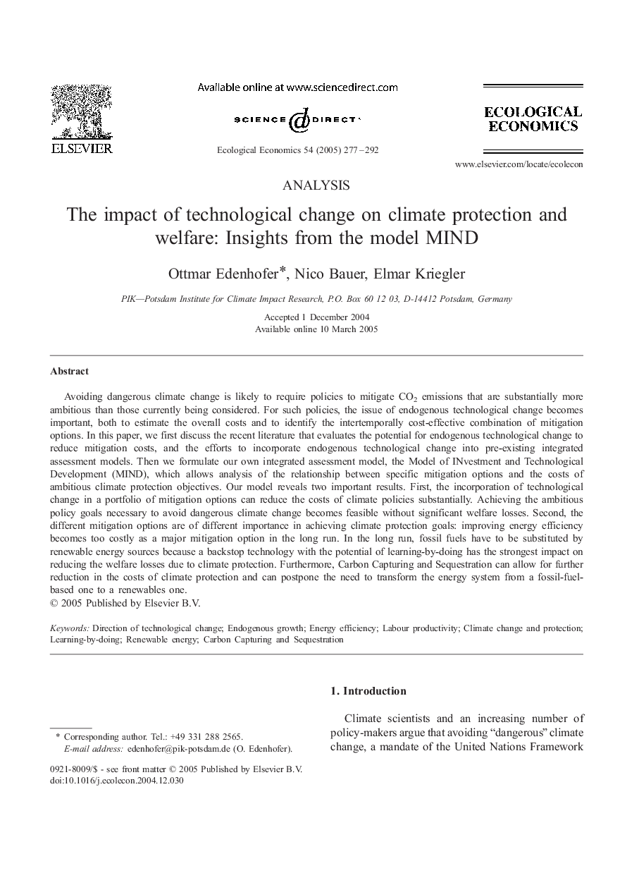 The impact of technological change on climate protection and welfare: Insights from the model MIND