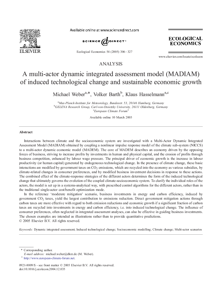 A multi-actor dynamic integrated assessment model (MADIAM) of induced technological change and sustainable economic growth