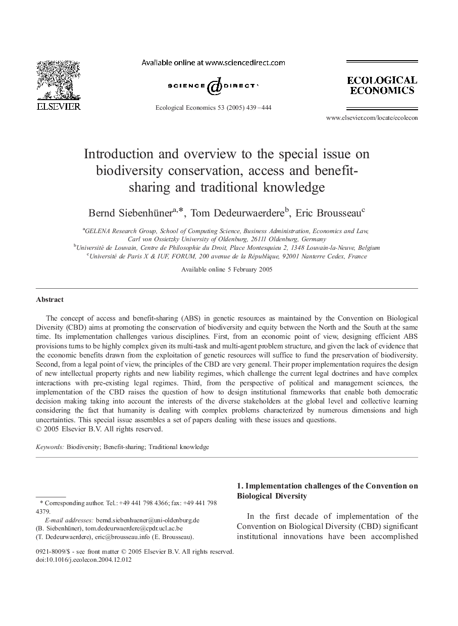 Introduction and overview to the special issue on biodiversity conservation, access and benefit-sharing and traditional knowledge