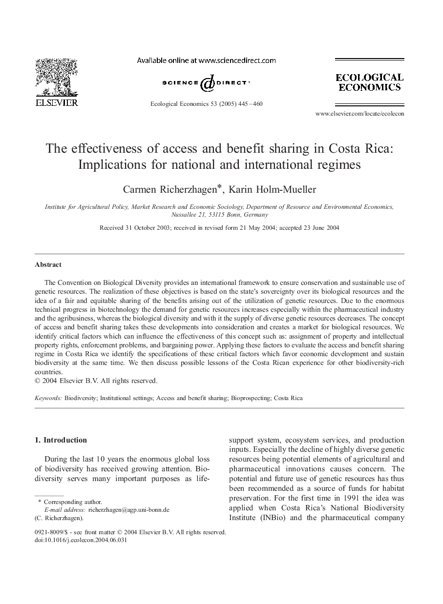 The effectiveness of access and benefit sharing in Costa Rica: implications for national and international regimes