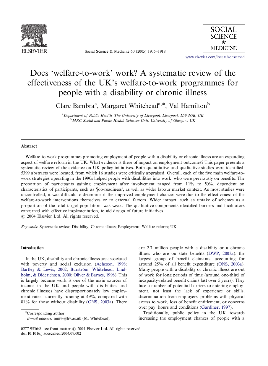 عکس صفحه اول مقاله: Does 'welfare-to-work' work? A systematic review of the effectiveness of the UK's welfare-to-work programmes for people with a disability or chronic illness Does 'welfare-to-work' work? A systematic review of the effectiveness of the UK's welfare-to-work programmes for people with a disability or chronic illness