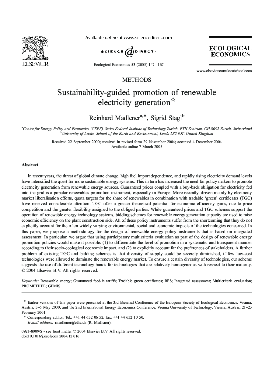 Sustainability-guided promotion of renewable electricity generation